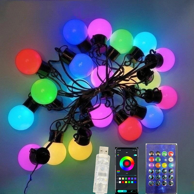 Outdoor Camping String Lights, lâmpadas de globo coloridas para tenda, dossel, casamento LED Light, Fairy Garland, Smart App, decoração