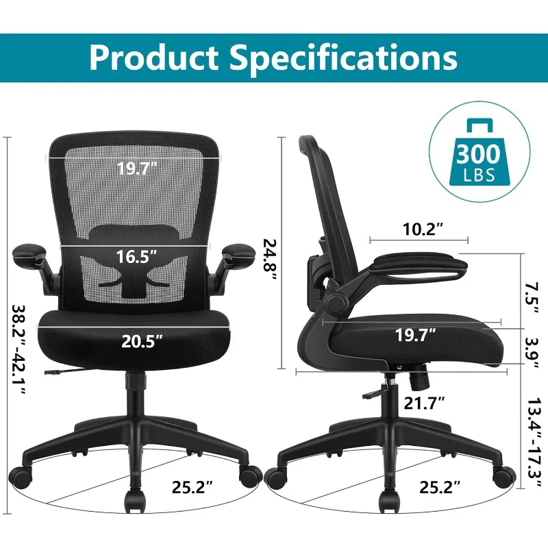 Cadeira de mesa ergonômica cadeira de malha respirável com apoio lombar ajustável de encosto alto apoios de braços dobráveis, para escritório doméstico