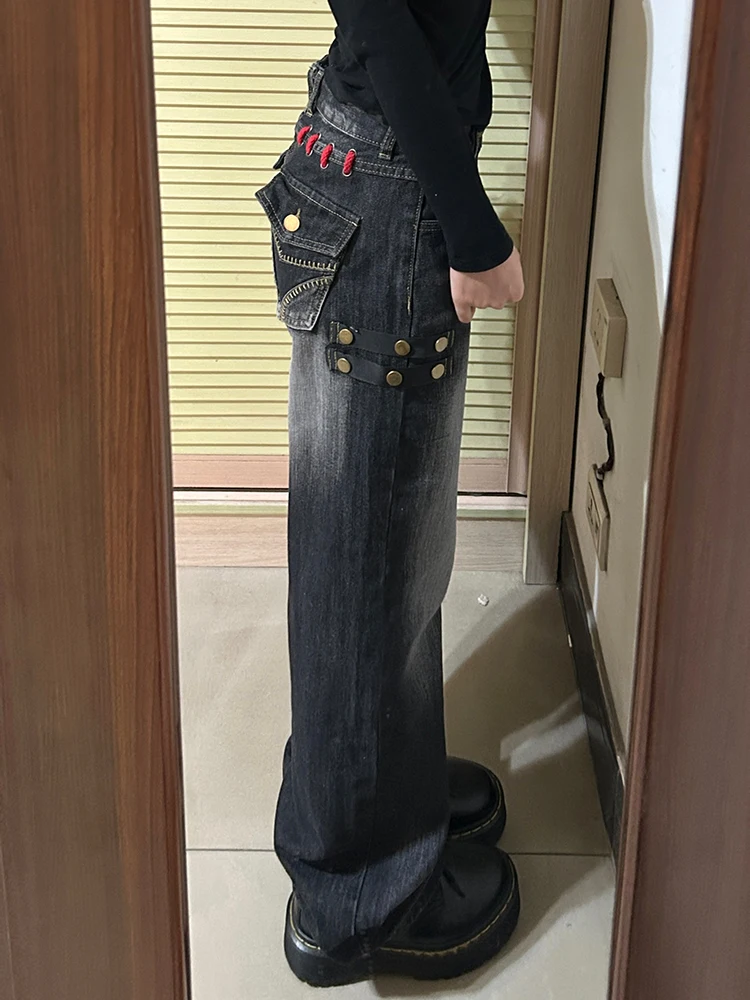 

Retro American Subculture Heavyweight Denim Jeans Women's Spicy Girl Personality Match Straight Leg Floor-Length Pants