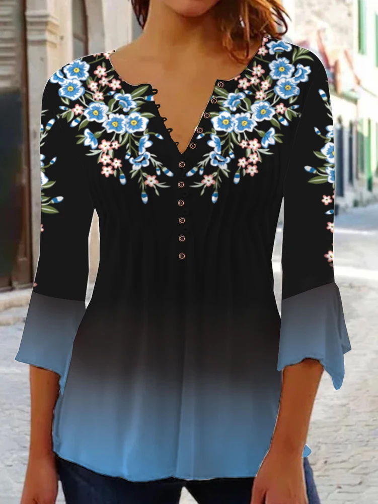Plus Size Floral Print Blouse, V Neck Half Button Gradient Flare 3/4 Sleeve Loose Casual Women Daily Tunic Top