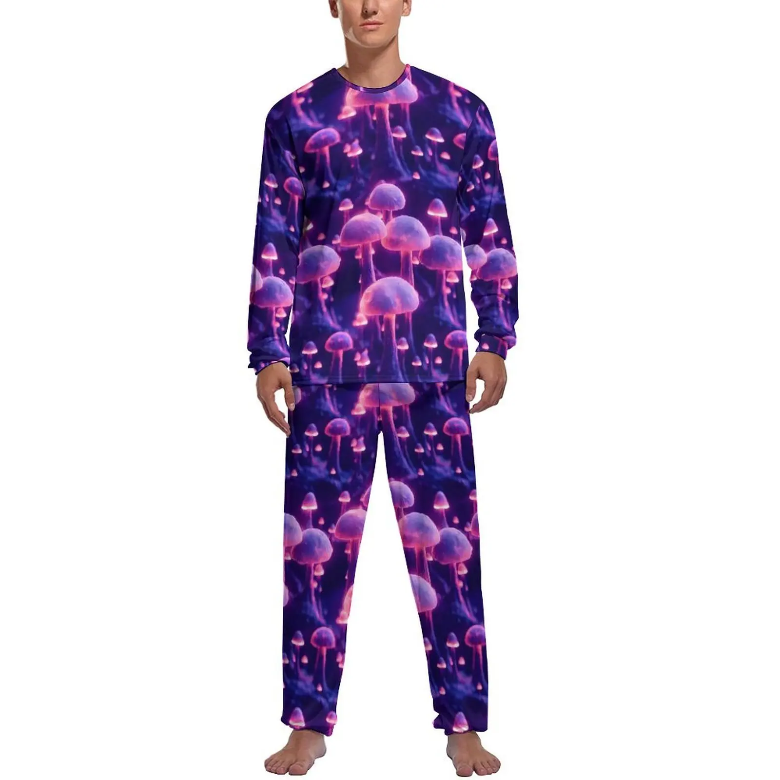 Magic Mushroom Pajamas Purple Mushrooms Print Male Long Sleeve Retro Pajama Sets 2 Piece Room Daily Pattern Home Suit Gift Idea