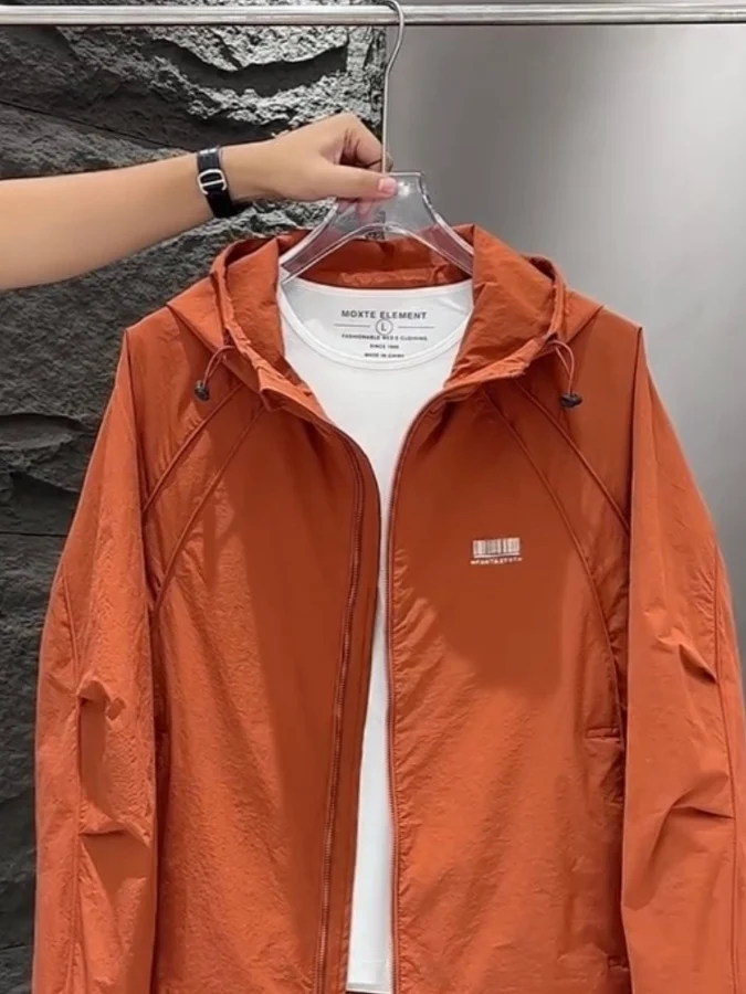 

Men's Thin Hooded Jaet Loose Workwear Sle Spring Autumn New Faion Trendy All-Match Ox Cloth Anti-Wind Long Sve Z...