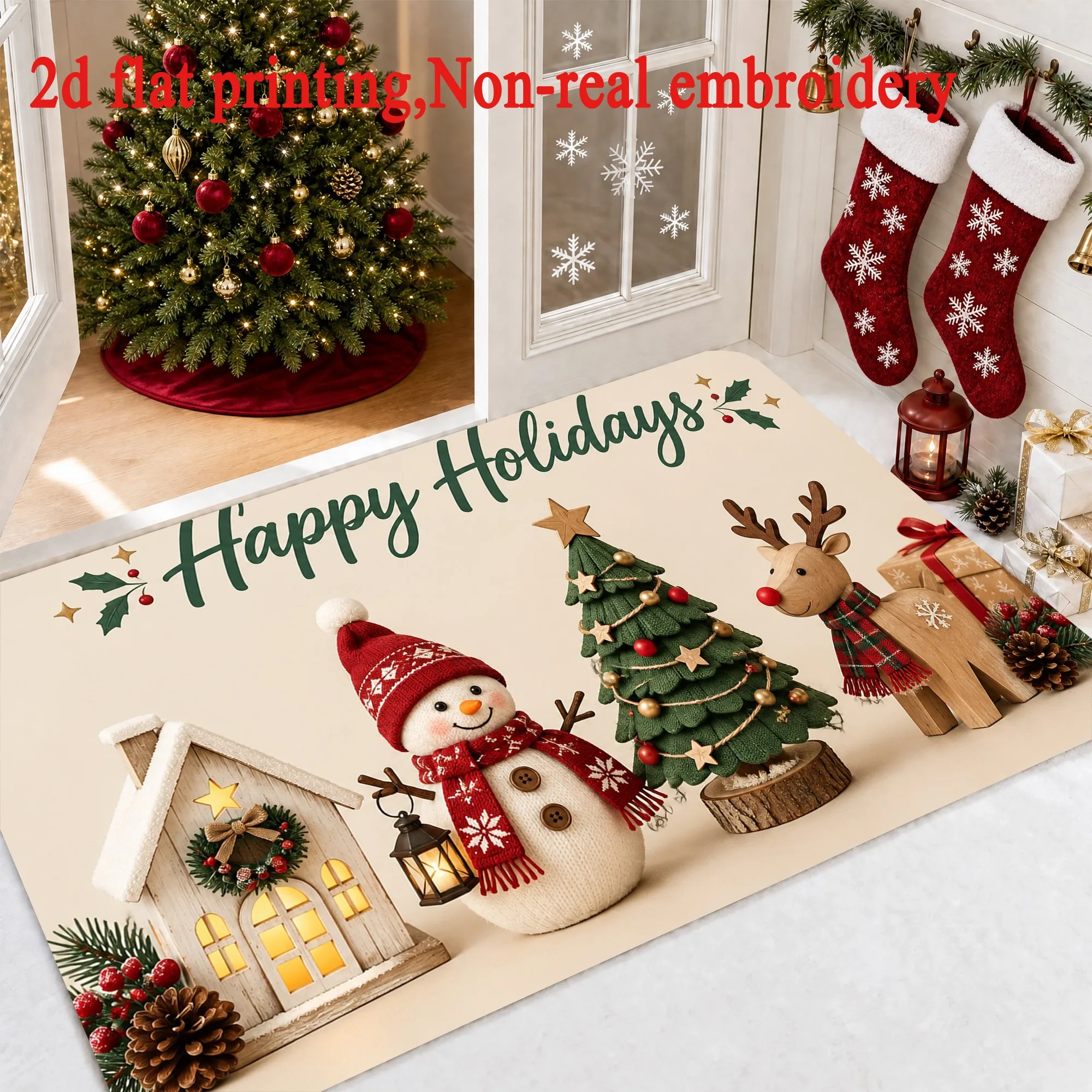 Christmas Tree Gift Print Area Rug Vintage Hexagon Pattern Floor Mat For Living Room Xmas Home Holiday Decoration