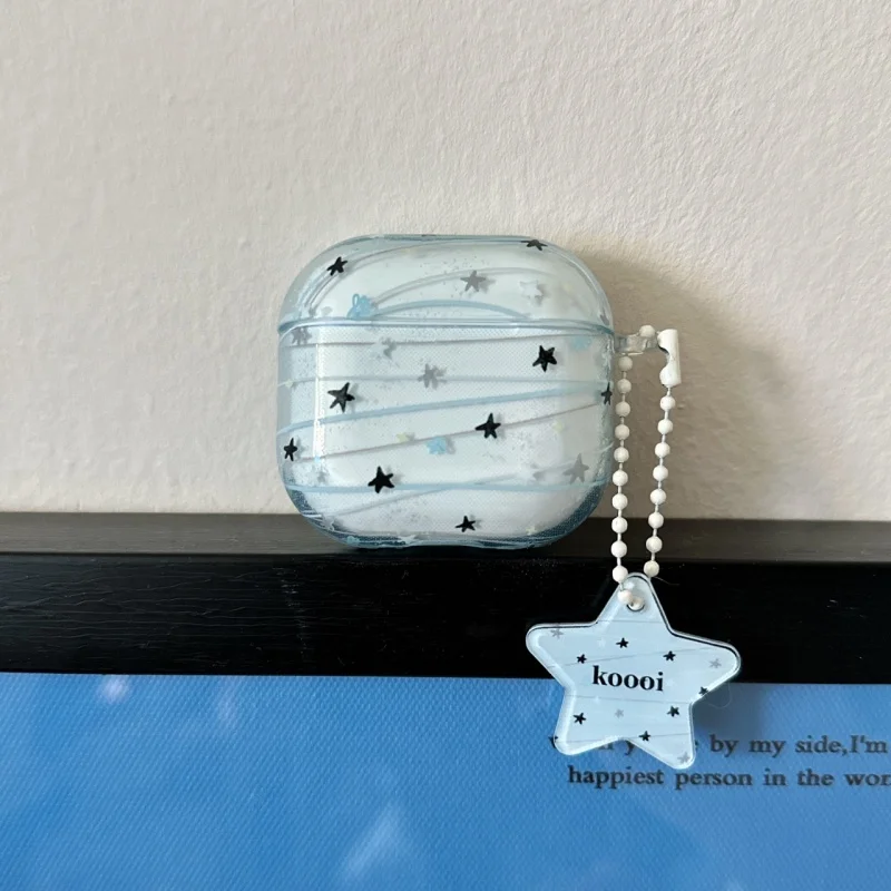 Transparente Graffiti Stars Blue Kopfhörerhülle mit Anhänger für Airpods Serie 1, 2, 3, 4, Pro/pro2, Pro 3, staubdicht, stoßfest