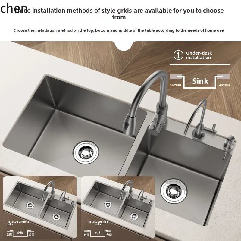 

HTT304 Stainless Steel Large Double Basin Kitchen Sink Handmade Household Vegetable Washing Basin Dishwashing Sink
