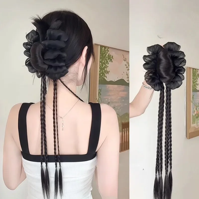 合成ポニーテール中国風レースツイスト三つ編みクリップオンウィッグナチュラルローポニーテール頭飾り