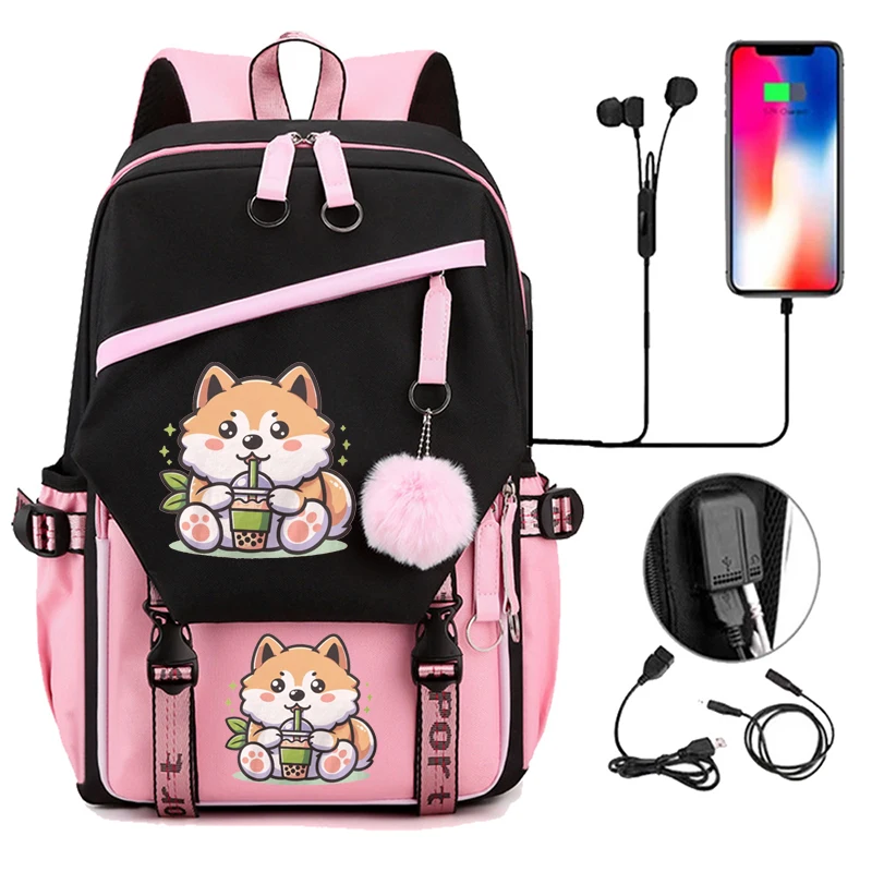 Large Capacity Students Backpack Casual Waterproof Nylon Shoulder Bag Shiba Inu Drinking Boba Tea Fashion Travel College Bagpack