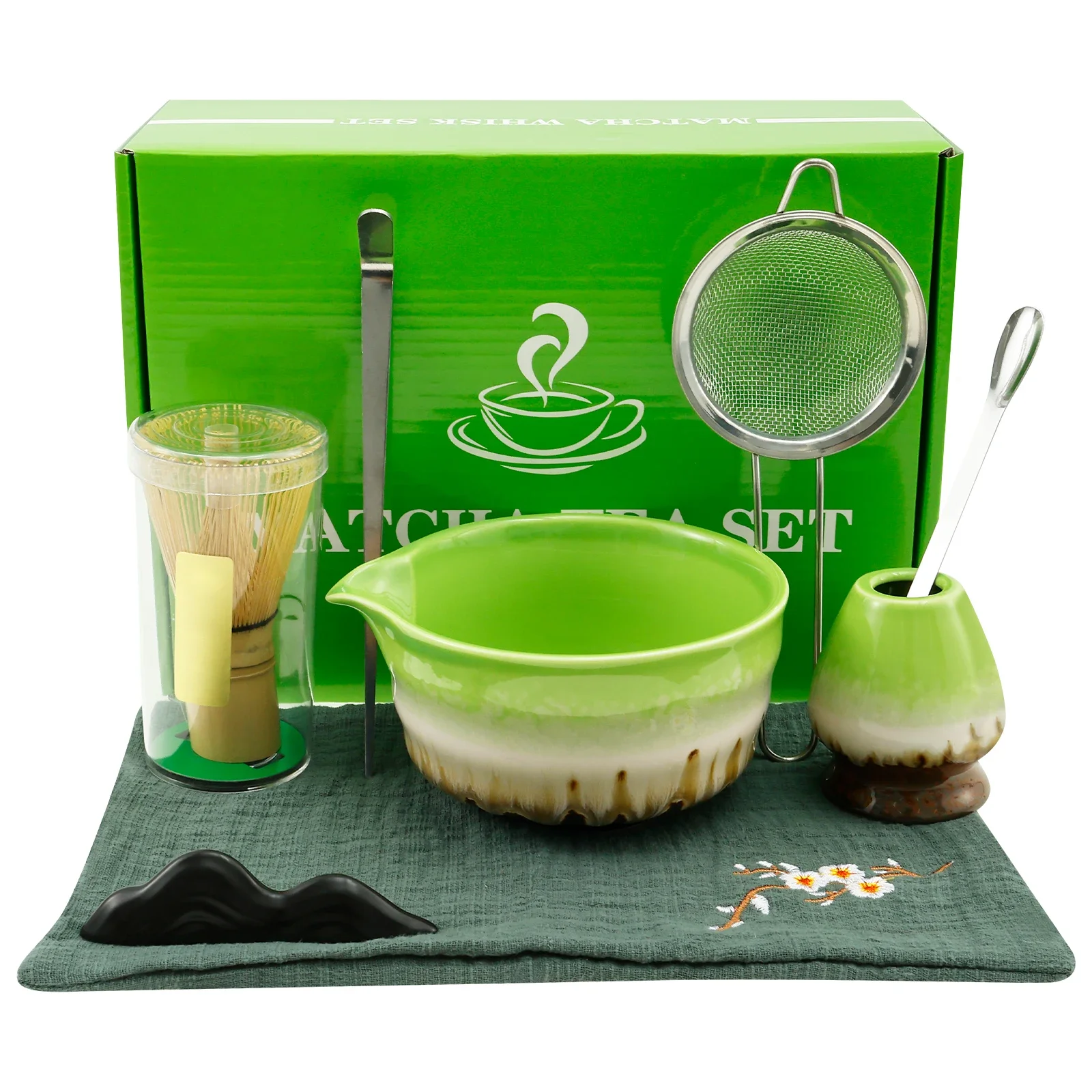 

8Pcs Matcha Whisk Set Ceramic Matcha Bowl with Strainer Tea Rattle Stand Matcha Bowl Thoughtful Nozzle Design Easy to Wash