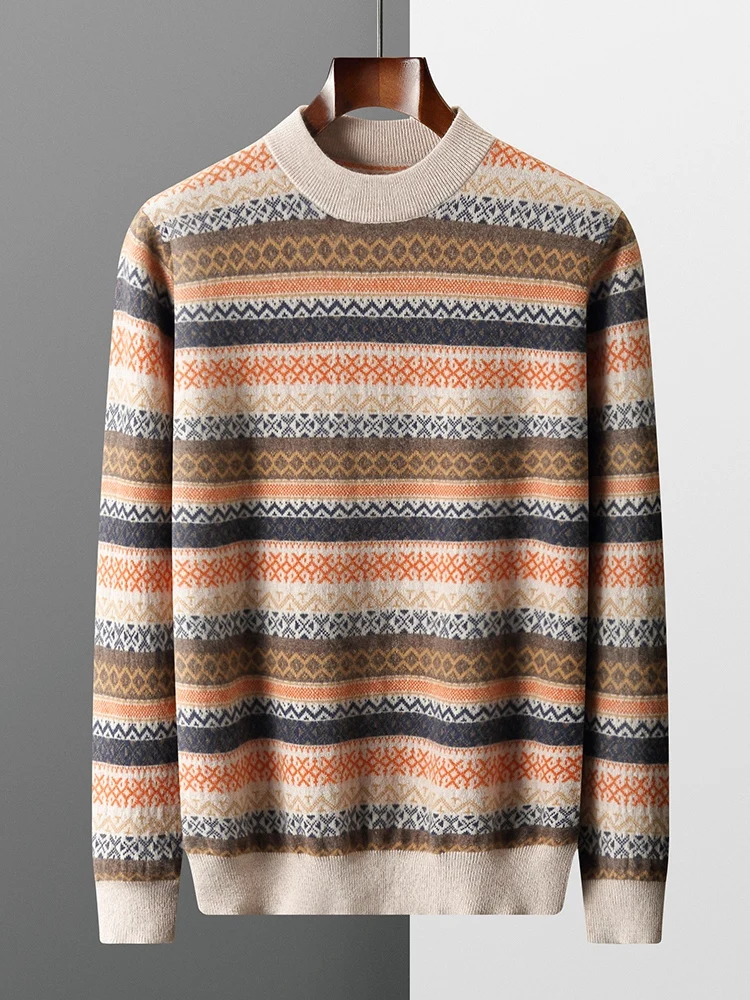 

TLOML Men's 100% Cashmere Sweater Mock Neck Christmas Vintage Jacquard Pullover Autumn Winter Thick Comfy Cashmere Knitwear Tops