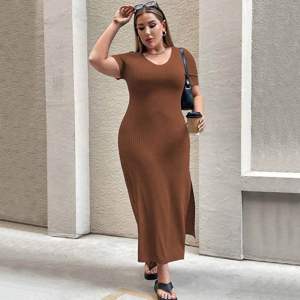 

Plus size temperament waist split short-sleeved dress hip-wrapped long bodycon dress robe de soirée orange