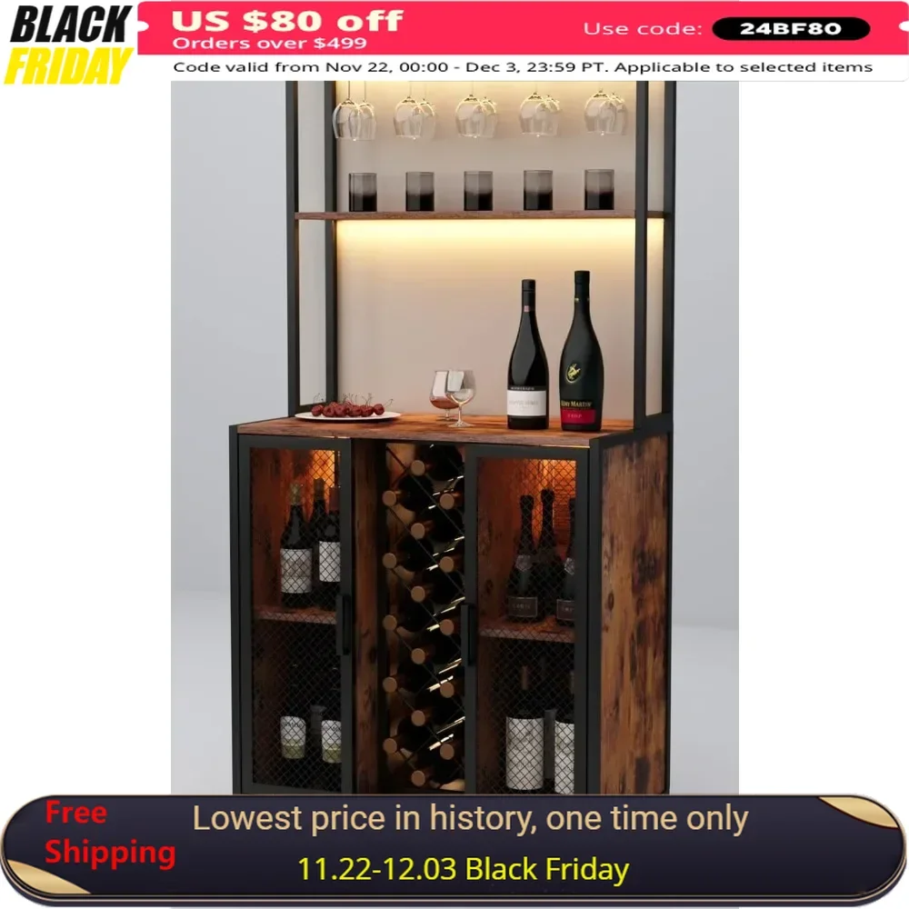 Wine Bar Cabinet with LED Lights, 5-Tier Industrial Coffee Bar, Buffet Sideboard with Adjustable Shelves, Kitchen Bar Table