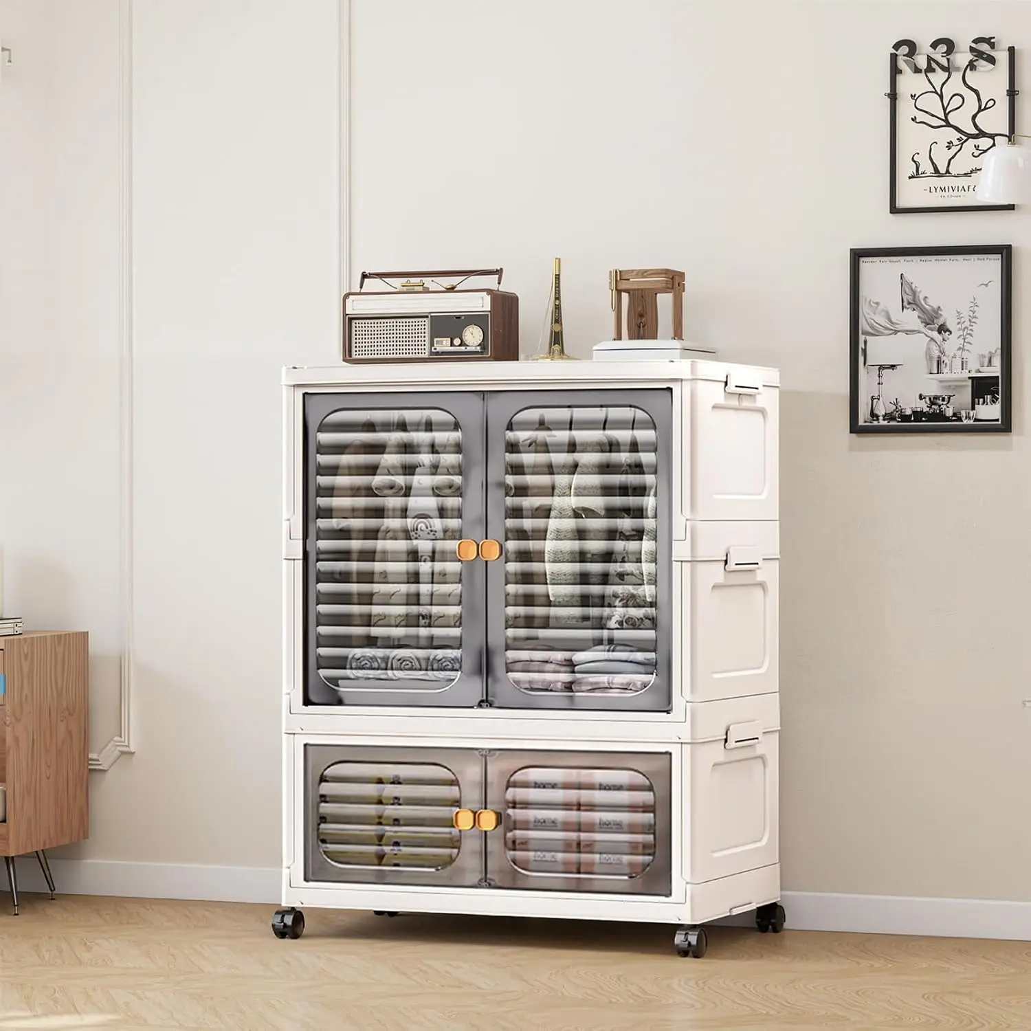 Stackable Plastic Storage Bins, with Doors, Wheels & Hanging Rods, Large Collapsible Closet Organizer Cabinet, Versatile Home Storage
