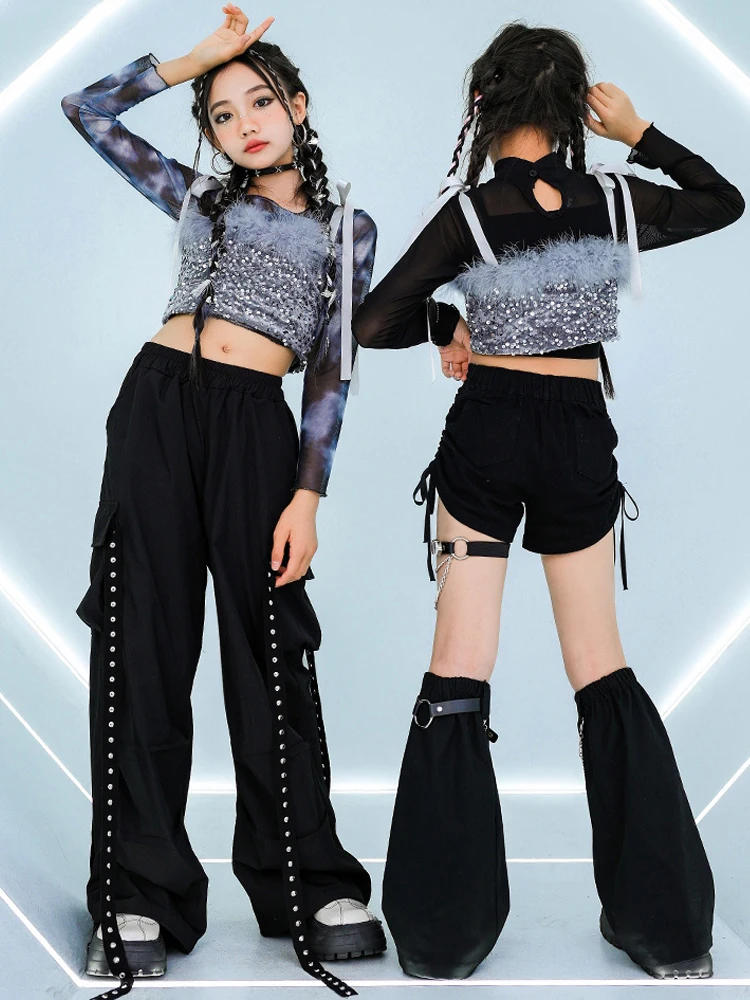 Girls Hip Hop Dance Costume Sequin Vest Black Pants Jazz Kpop Performance Clothing Fashion Catwalk Outfits Stage Wear BL13278