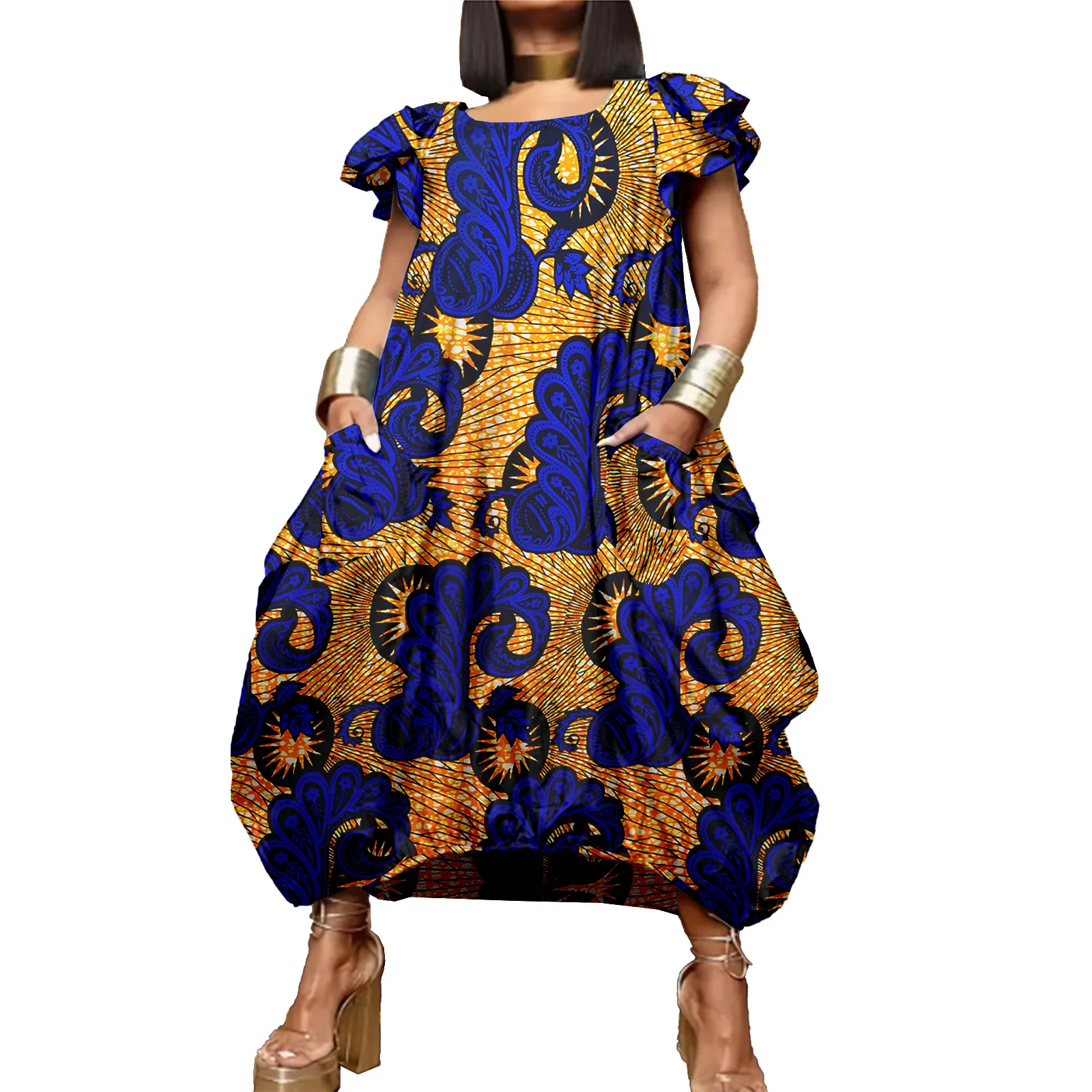 

Африканское платье для женщин, наряд Дашики, Анкара Kente, платье с восковым принтом и карманами, большие размеры для вечеринки