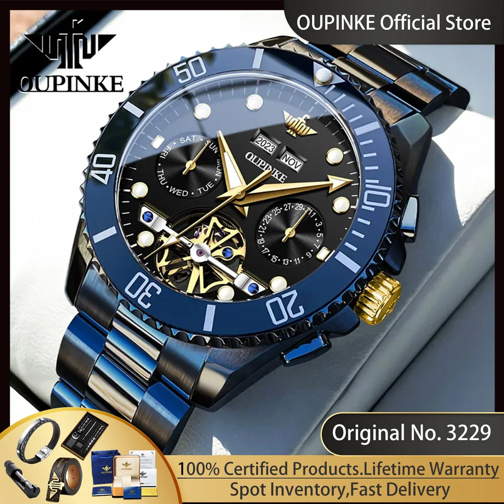 OUPINKE 3229 Diving Series Men's Automatic Watch Skeleton Mechanical Watch Luxury Calendar Luminous 50M Waterproof Sports Watch