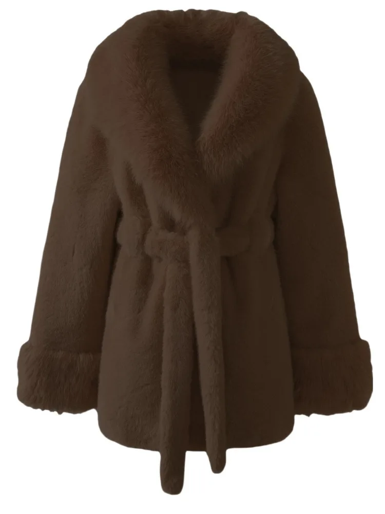 ZMEENNA 女性のエレガントなフェイクファーコートラペル襟長袖冬暖かいアウターベルトぬいぐるみソフトファッションベージュ ZM3354