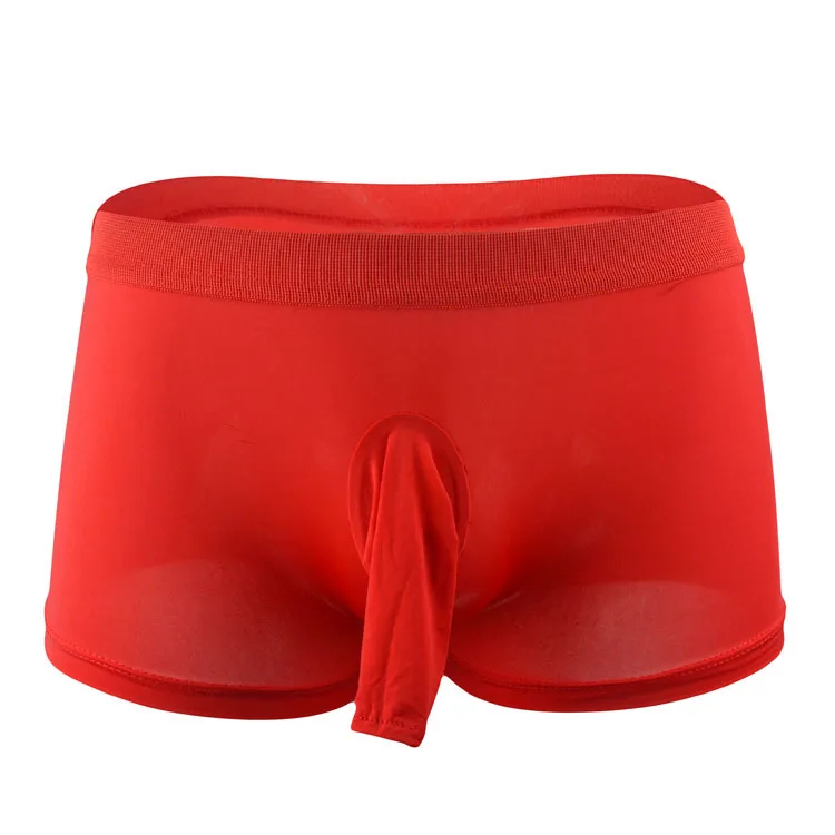 

Sexi Men's Boxer Shorts Ice Silk Mens Cheeky Underwear Elephant Panties With Hole Low Rise Transparent Underpants Husband Red