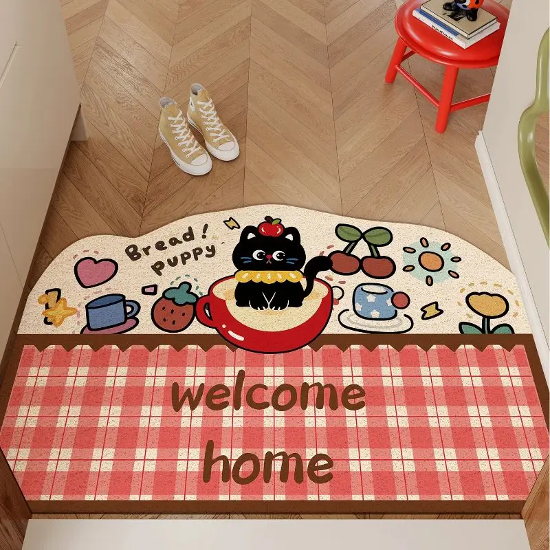 VIKAMA Darling Cartoonish Black Kitty Radio Greetings Foyer Azure Tartan Welcome Mat Endearing Silken Entry Styling Keepsake