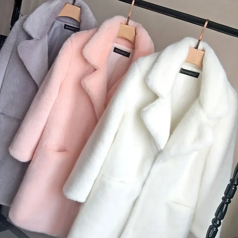 Imitation Mink Fur Coat 2025 Winter Medium Long Styles Women Clothing Lapels Spliced Pockets Buttons Jacket Women Faux Fur Coats