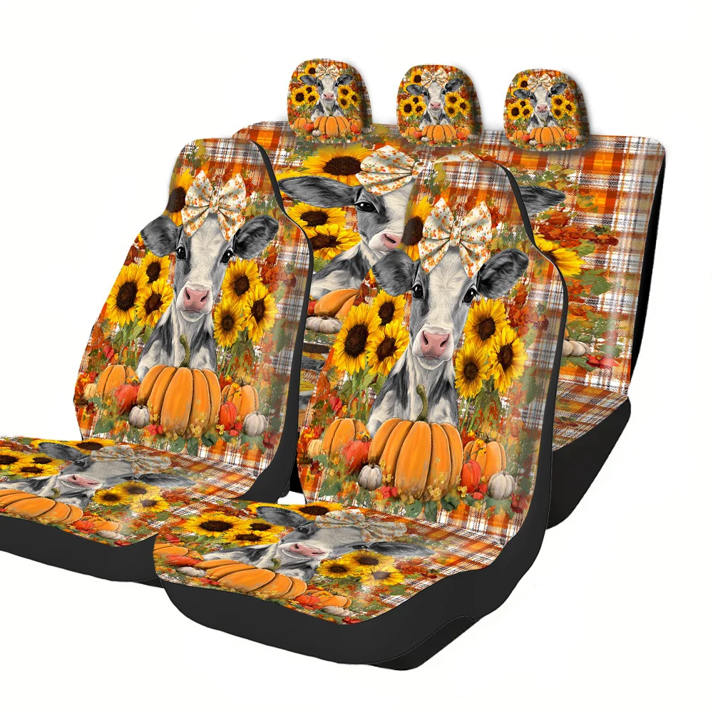 

2-5 Seat Set Car Seat Covers Vibrant Cow Sunflower Fit Truck SUV Off-road Car Celebrate Halloween Christmas New Year Easter Aut