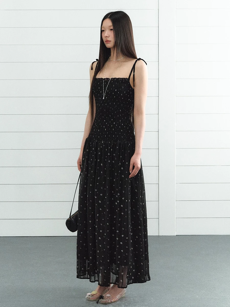 REDDACHiC Women Tie Up Camisole Dress Black Floral Elastic Waist Shirring Midi Long Flowy Dress Korea Sweet Summer Everyday Wear