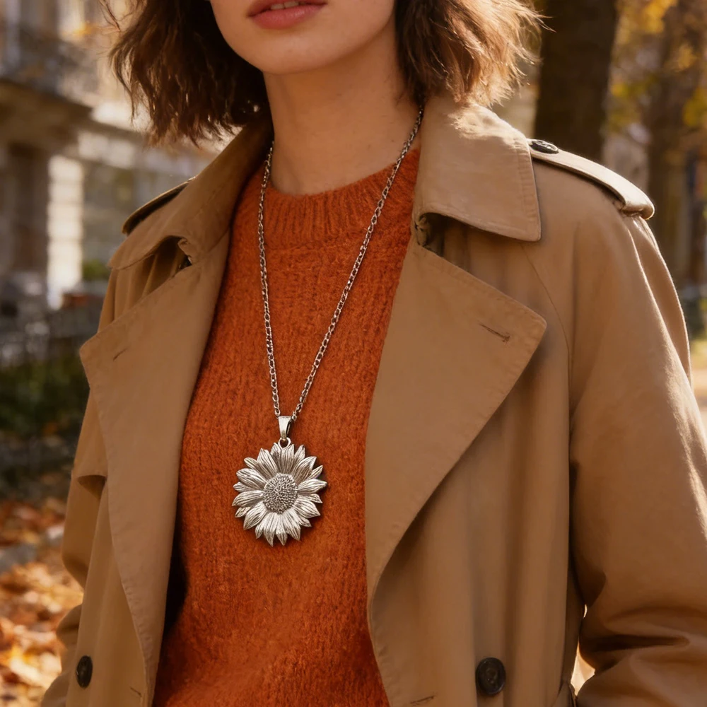 Abstract Sun Face/Sunflower Pendant On Adjustable Chain Jewelry Boho Punk Necklace, Silver Color For All Seasons Wear, 1 Piece