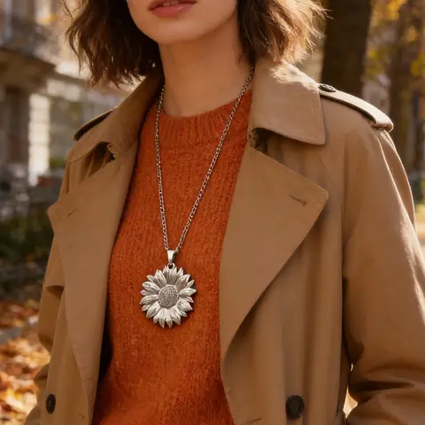 Ayarlanabilir Zincirli Soyut Güneş Yüzü/Ayçiçeği Kolye Takı Boho Punk Kolye, Tüm Mevsimler İçin Gümüş Rengi, 1 Adet