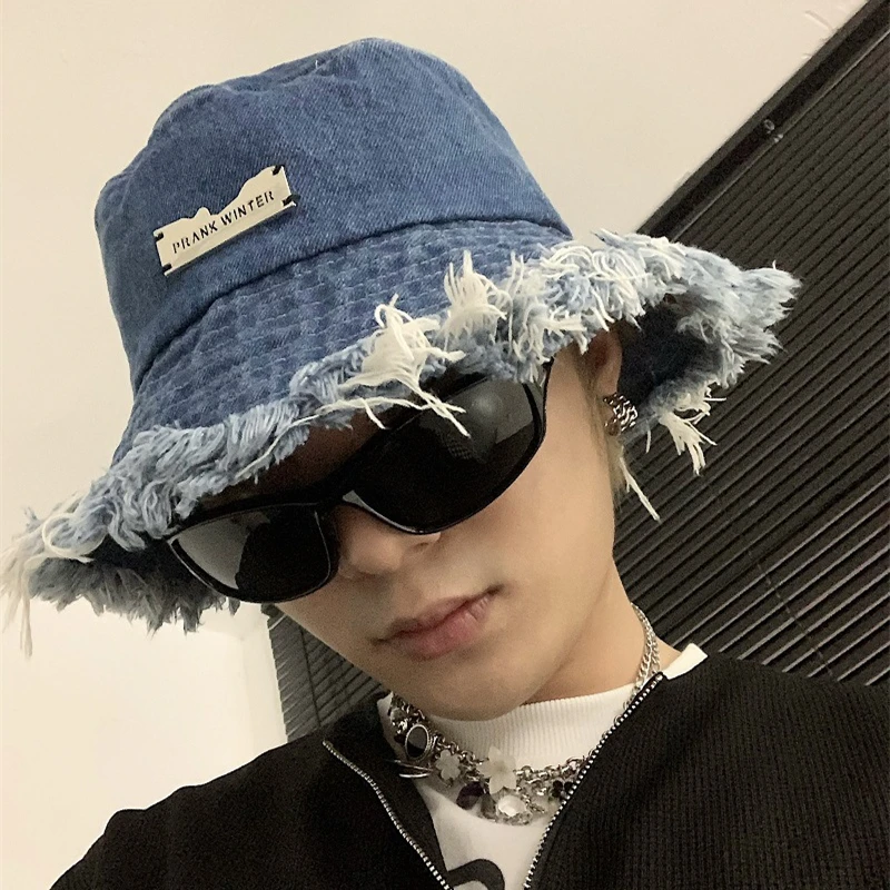 Fashion Washed Raw Edge Denim Bucket Hats for Women\'s Summer Beach Travel Foldable Sunshade Fisherman Hat for Men Fishing Caps