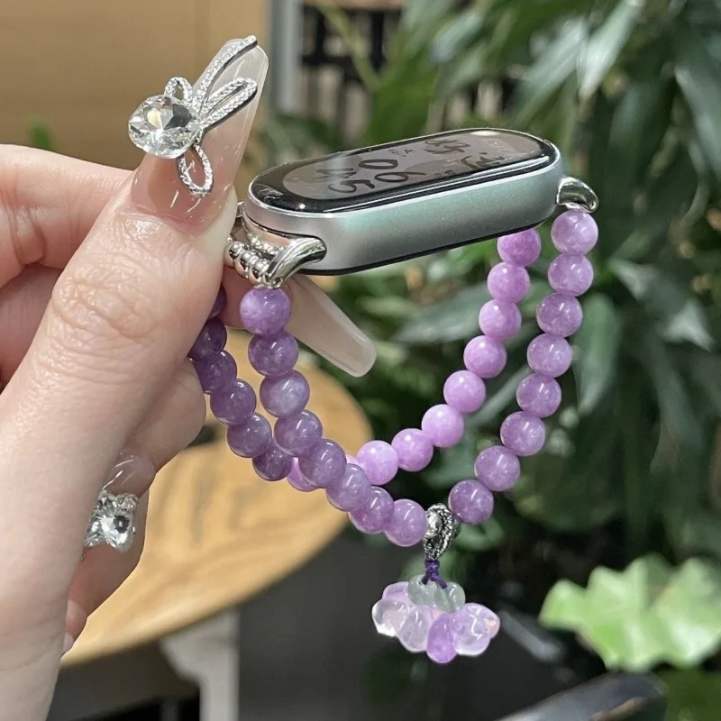 Purple Jade Beaded Strap for Xiaomi S4 S3 Elastic Flower Bracelet for Mi Band 8 9 10Pro Jewelry Wristband for Redmi Watch 4 5 6