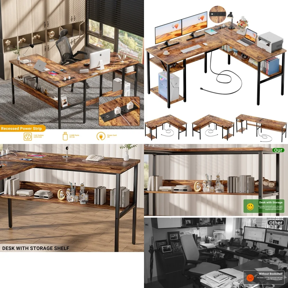 Computer desksL shaped desk with power outlets and storage shelf computer desk for gaming study home office workspace modern