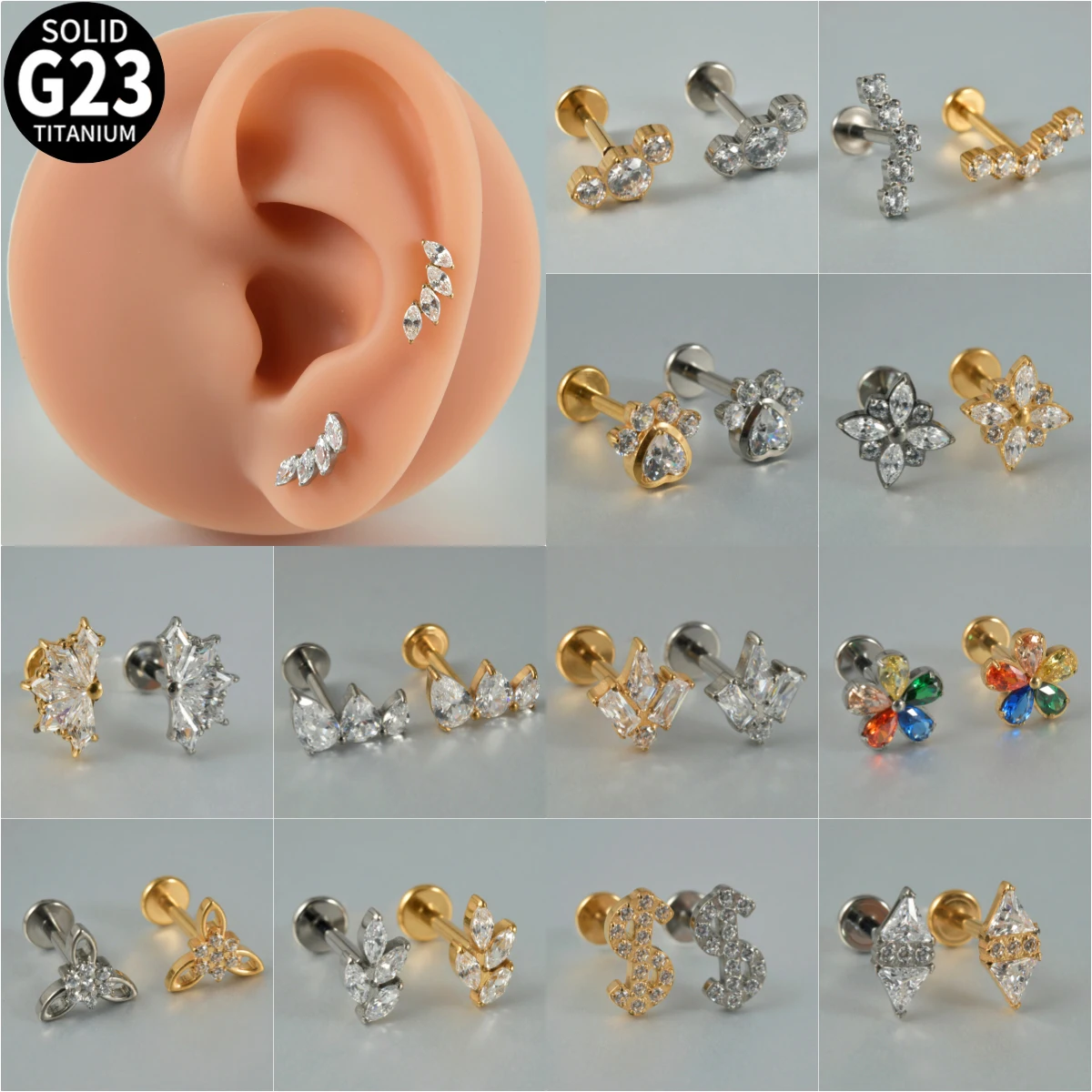 1PC Zircon G23 Solid Titanium Cartilage Earrings Stud 16G Internally Threaded Cz Cluster Helix Ear Tragus Piercing Body Jewelry