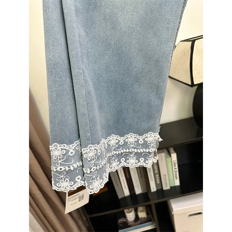 

Spring 2026 New Style Light Blue Lace Straight Leg Jeans Women Loose High Waist Slim Wide Leg Flower Nine Point Pants
