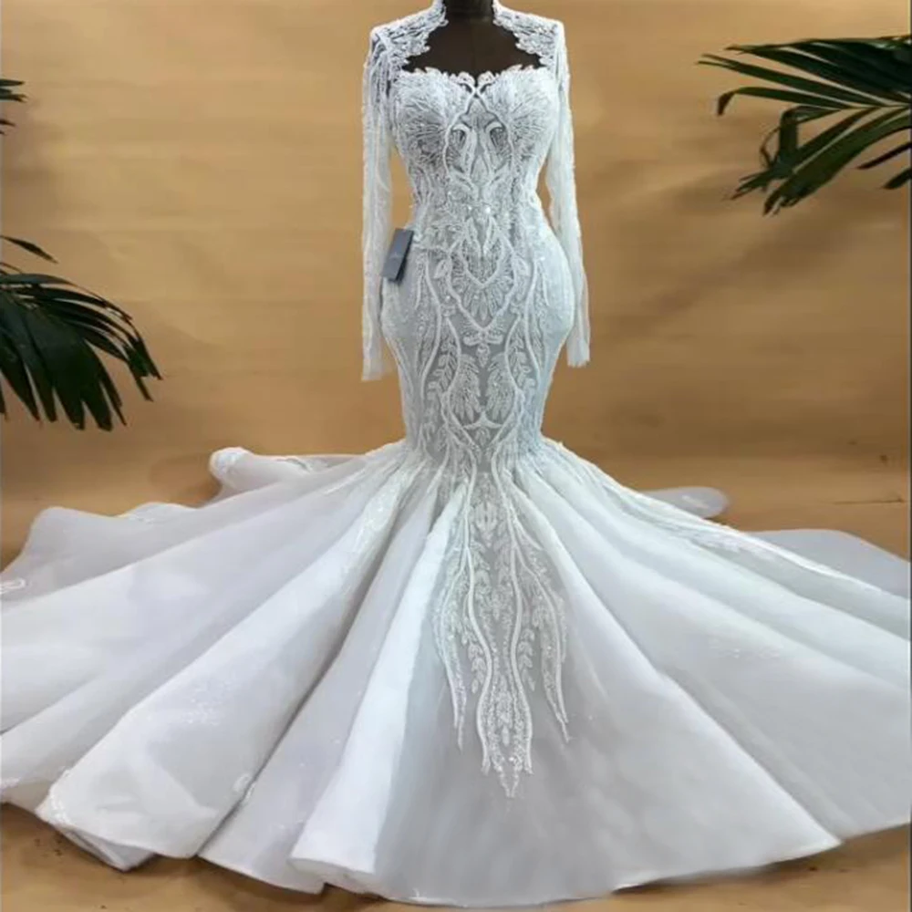 

Роскошное свадебное платье русалки Aso Ebi, расшитое блестками, тюль с прозрачным вырезом, длинными рукавами, кристаллами и бусинами, свадебные платья, платья невесты по индивидуальному заказу