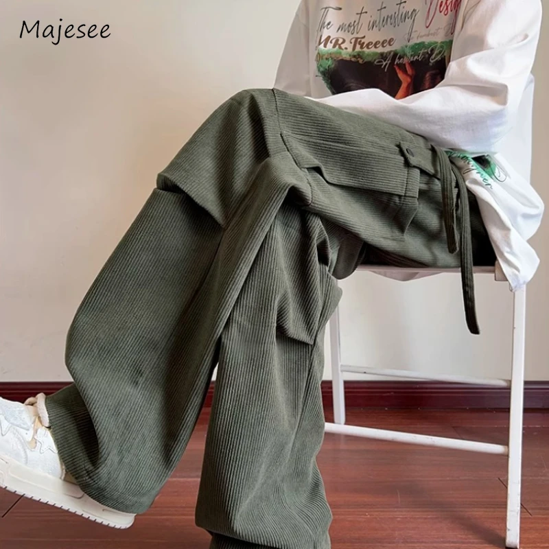 Cargo Pants Men Autumn Full Length Warm Cozy Multi Pockets American Style 3 Color Pleated Casual Techwewar Loose Teens Bottoms