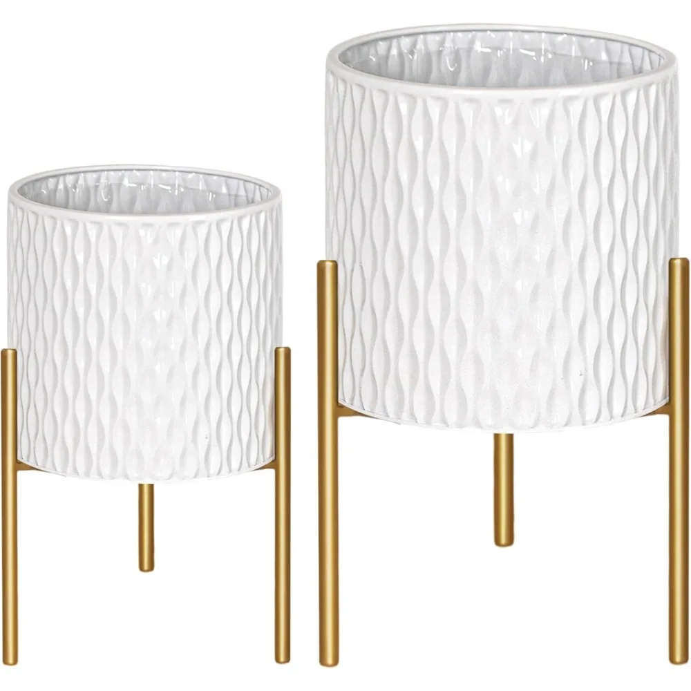 أوعية نباتات معدنية لمنتصف القرن مع حامل، مجموعة مزارعين زهور مزخرفة حديثة مع تصريف، ذهبي أبيض داخلي وخارجي #6