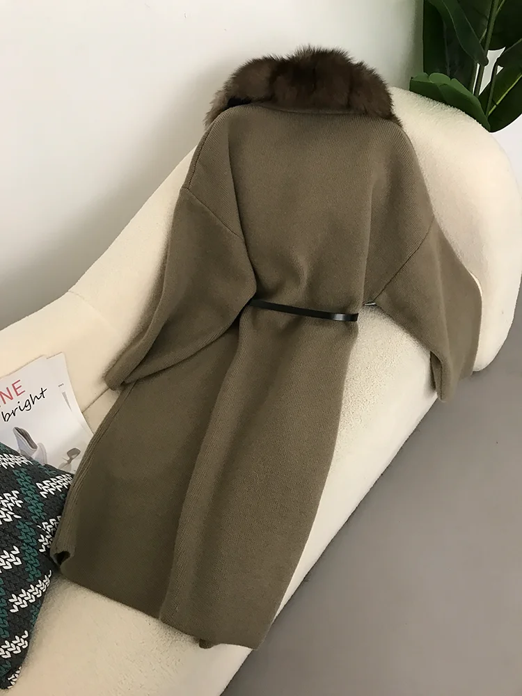 Frauen Natürliche Fuchs Pelz Kragen Gürtel Lange Lose Dicke Warme Oberbekleidung Pullover Stricken 2025, Echt Pelzmantel Winter Jacke
