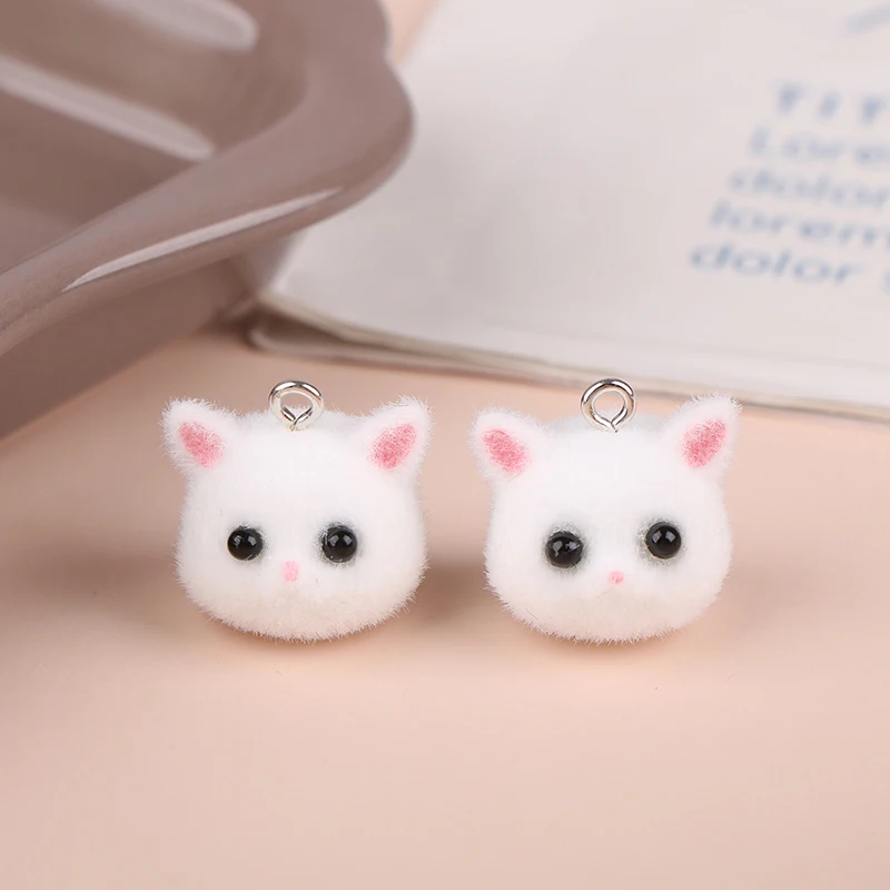 2PCS Cat Bear Pendant Kawaii 3D Fluffy Flocking Charms Miniature Dolls Keychain Necklace Pendant DIY Crafts Jewelry Make