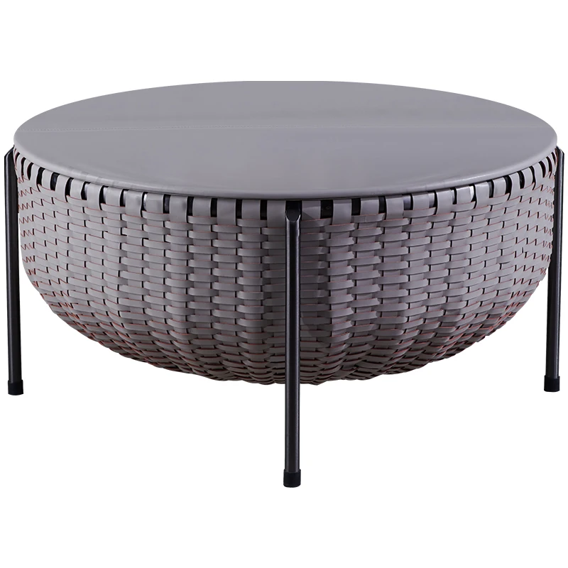 Light Luxury round Tea Table Saddle Leather Hard Leather Woven Stainless Steel round Tea Table