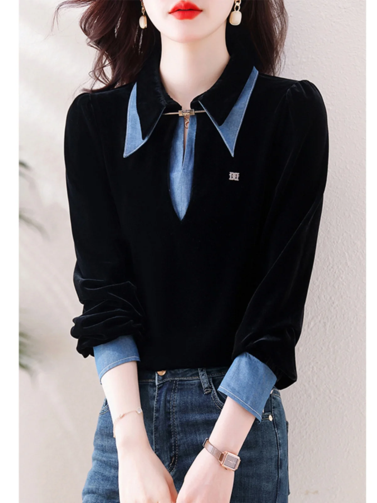

Velvet Denim Patchwork Long Sve Women's irt Faionable Autumn Winter High End Feel Light Luxury Trendy Top Collar