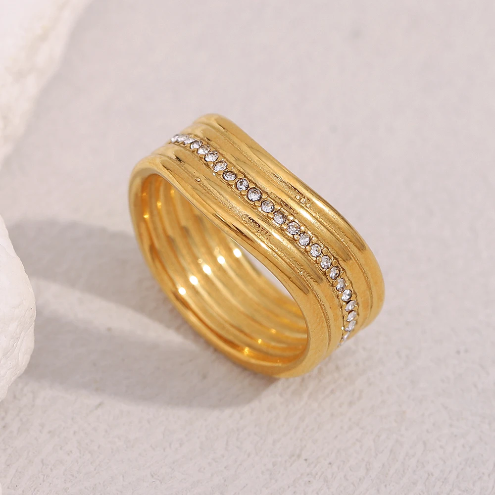 E.B.belle 18K مطلية بالذهب متعدد الطبقات الملتوية حجر الراين خاتم الفولاذ المقاوم للصدأ خمر نمط حفل زفاف عيد ميلاد مجوهرات