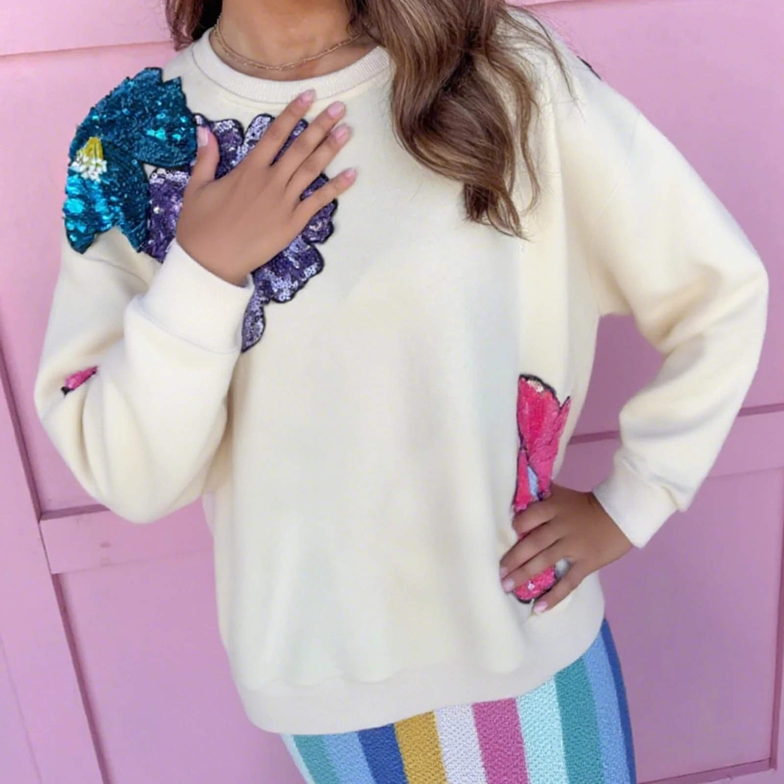 2025 Collection Women's Spring Autumn Loose Sweatshirt Long Sleeve Round Neck Sequins Flower Pullover