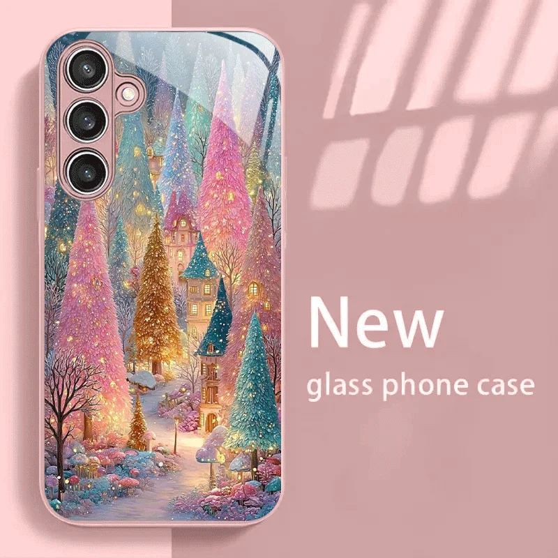 Beautiful and colorful Christmas tree pattern glass Phone Case,Suitable for Samsung S26/S25/S24/S23/S22/S21/S20 and other models