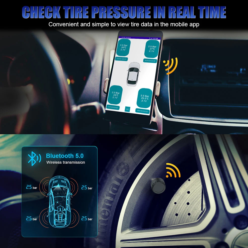 Android/IOS External Mobile Phone APP Display Car Tire Pressure Sensors Bluetooth 5.0 Tire Pressure Monitoring System TPMS