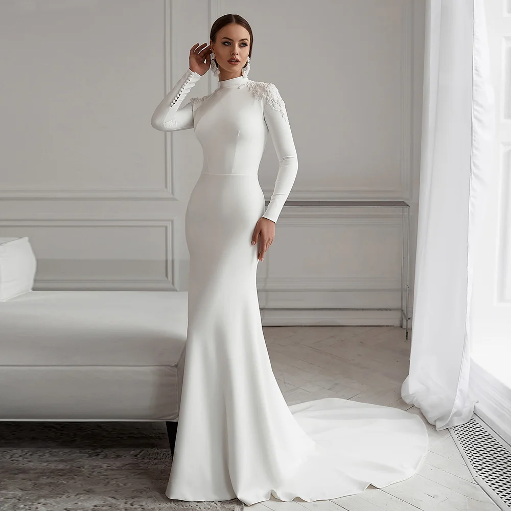 فستان زفاف عربي برقبة عالية وأكمام طويلة مخصص مطرز بالخرز مزين بالصعود العربي حورية البحر فستان زفاف رداء De Mariage