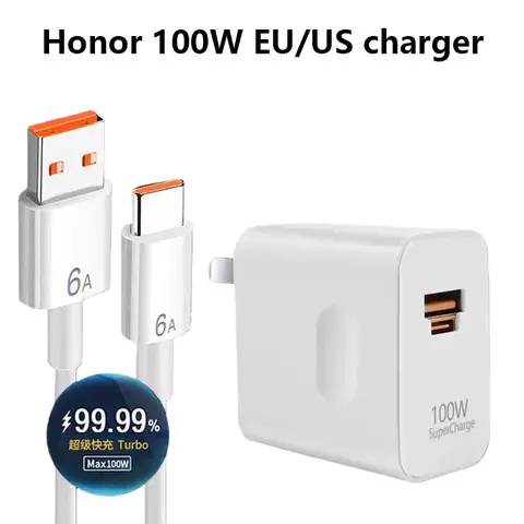 Honor 400 300 Caricatore ultra veloce EU/US Max 100W SuperCharge PD/QC 3.0 Carica rapida per Magic 8 7 Pro V5 V3 VS3 e cavo tipo C 6A
