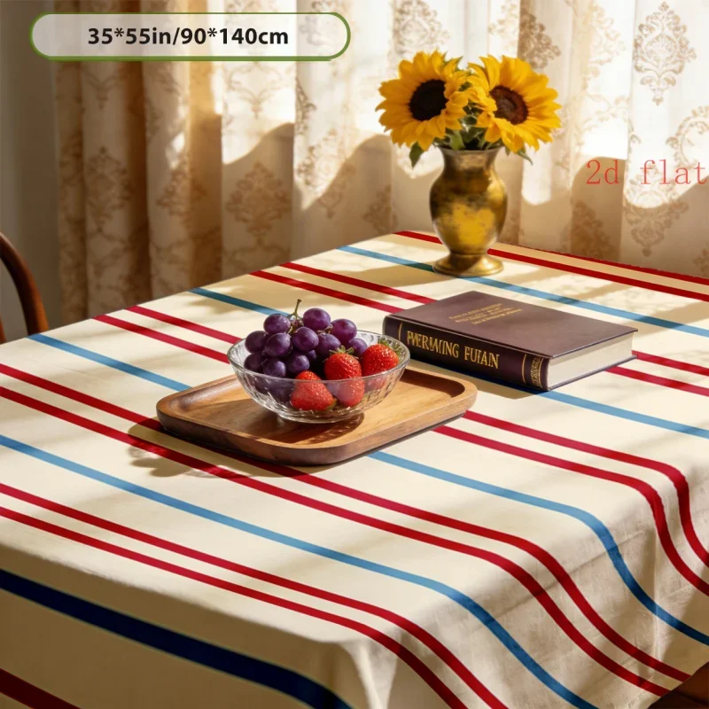 2D planar single-piece tablecloth, with red and blue vertical stripes, in a retro and minimalist style. yzb