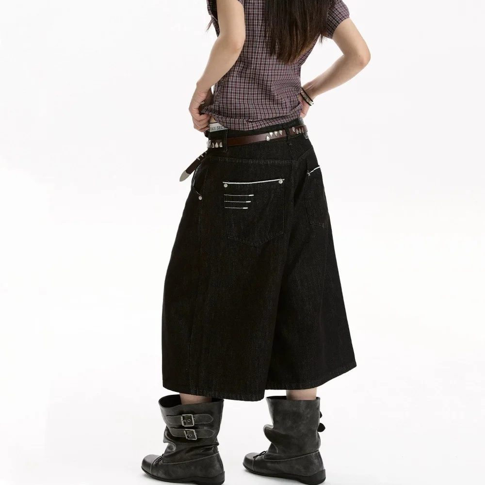 2026 New American Retro Black Denim Capri Jeans Simple Loose Wide Leg Cropped Pants Unisex Summer Casual Design Short Trousers