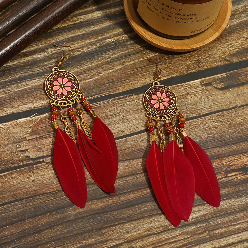 Bohemian Ethnische Lange Feder Ohrringe Boho Wasser Tropfen Gold Farbe Kette Quaste Ohrringe für Frauen Braut Hochzeit Schmuck – Detail 34