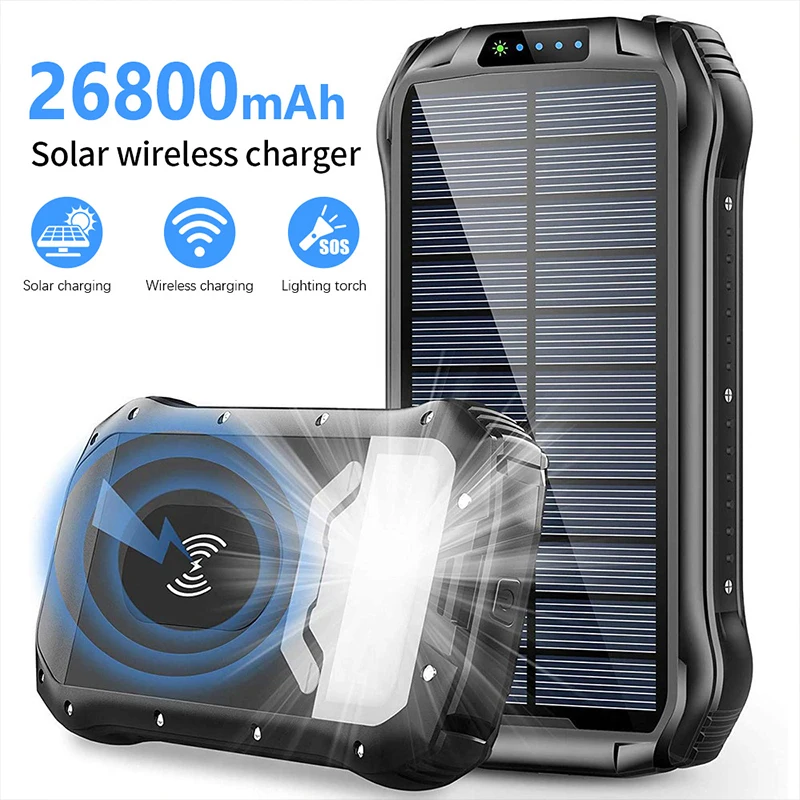 

26800mAh Solar Power Bank 10W Wireless Charger Powerbank for iPhone 15 Samsung Huawei Xiaomi Type C Poverbank with Camping Light