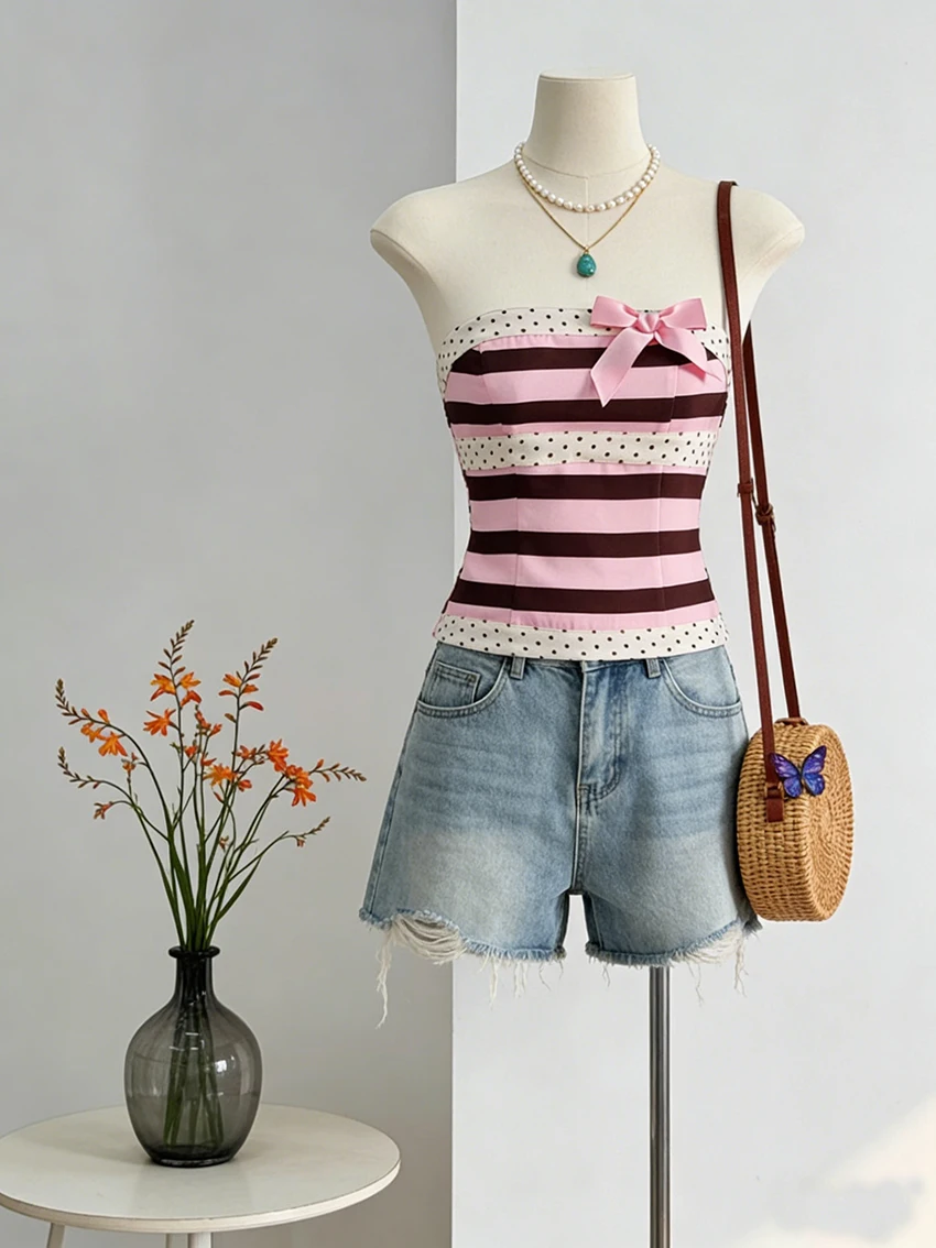 Summer Striped Polka Dot Contrasting Sweet Strapless Waistband Vest Fashionable Backless Bow Decoration Versatile Strapless Tops